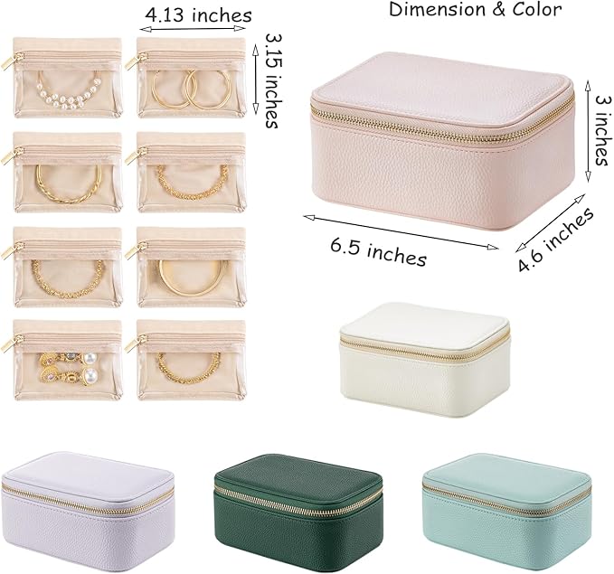 Vlando Travel Jewelry Box Organizer - 8 Small Velvet Zipped Pouches Pockets for Jewelries Necklaces Rings Earrings Sorting Storage, Dark Green