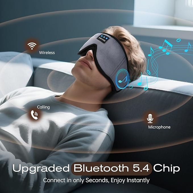 3D Sleep Mask with Bluetooth Headphones, Sleeping Headphones for Side Sleepers, Wireless Music Eye Mask with Ultra-Thin Stereo Speakers for Men, Women, Tech Gifts, Grey