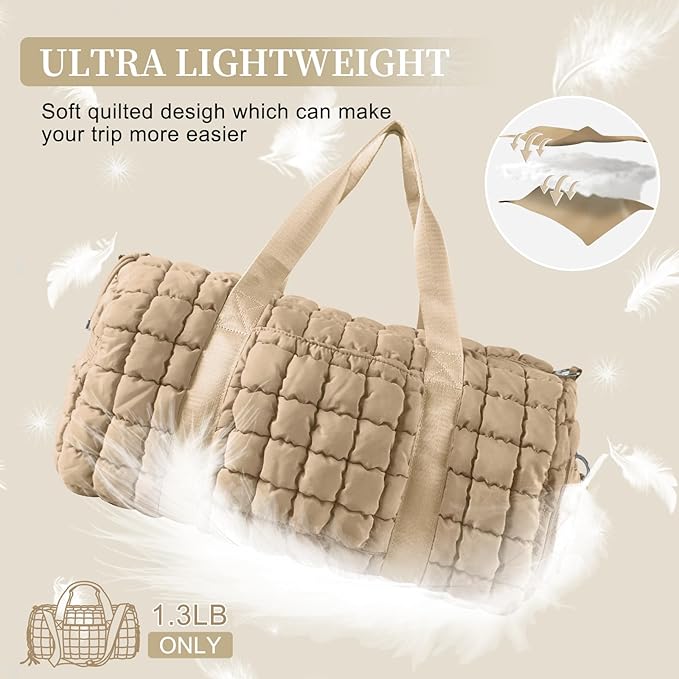 Quilted Travel Duffle Bag Gym Bag for Women,Large Puffer Duffle Weekender Bag with Compartment,Workout Overnight Carry on Organizer Bag Duffle Bag for Airplane Travel(Khaki)