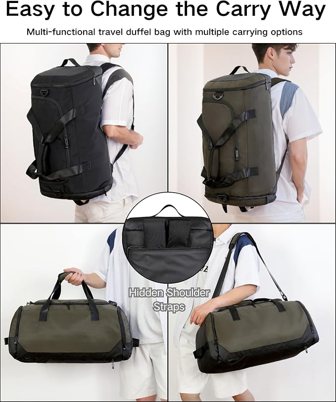 Travel Duffle Bag Backpack for Men Women, 50L Sports Gym Bags with Shoe Compartment & Wet Pocket, Waterproof Carry On Bag Backpack for Workout, Fitness, Overnight Trips Green