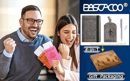 Passport Holder With Luggage Tag Travel Essentials Passport Cover Wallet RFID Blocking Leather Case International Must Haves Travel Accessories Women Men(115#Grey)