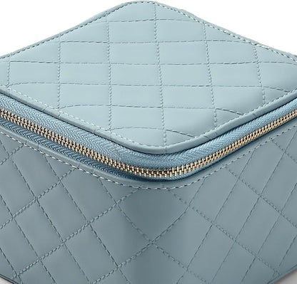 Travel Jewelry Box Organizer - Small Jewelry Case with 6 Small Velvet Zipped Pouches Pockets for Jewelry Necklaces Rings Earrings Storage(Blue)