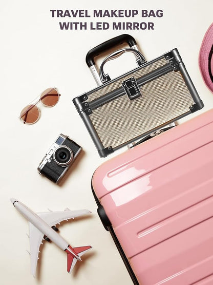 Qislee Makeup Box Mini with A Detachable Lighted Mirror, Waterproof Small Makeup Case,Cosmetic Organizer and Travel Train Case with Magnetic LED Mirror(Black Frame Rose Gold)