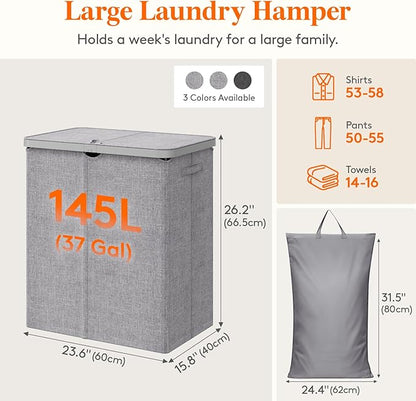 Lifewit 145L Laundry Basket with Lid, Large Laundry Hamper with Plastic Handles and Removable Bag, Foldable Tall Dirty Clothes Hampers for Laundry for Laundry Room, Bedroom, Bathroom, Dorm, Light Gray