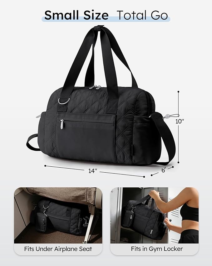 Kookoomia Small Gym Bag for Women, Mini Sports Duffle Bag for Workout Dance Ballet Yoga Gymnastics, Quilted Lightweight Puffer Travel Tote with Detachable Coin Purse & Wet Pocket, Black