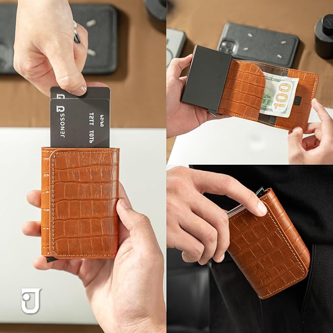 Jenoss Smart Wallet For Men: Full Grain Leather, Handcrafted, Slide Metal Pop Up Case, Slim RFID Blocking Credit Card Holder, Minimalist, Compact - 6-8 Cards Organizers, Front Pocket (Light Brown)