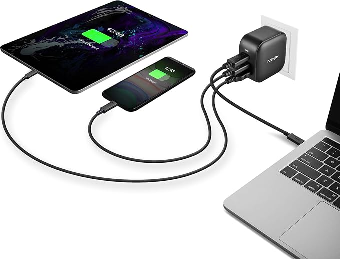 MINIX 66W Turbo 3-Port GaN Wall Charger 2 x USB-C Fast Charging Adapter, 1 x USB-A Quick Charge 3.0, Compatible with MacBook Pro Air, iPad Pro, iPhone 16/15/13/12/11, Galaxy S9 S8 and More (NEO P1)