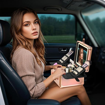 Rose Gold Makeup Case with Lighted Mirror, Detachable LED Mirror, Travel Makeup Train Case, Waterproof Cosmetic Organizer, Standing Makeup Brush Holder, Gift