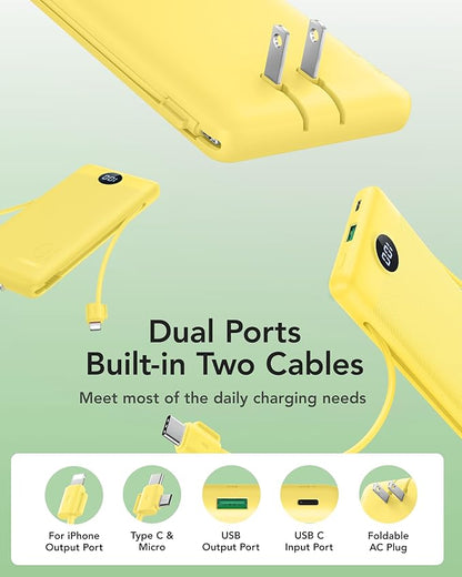 VRURC Portable Charger with Wall Plug, 10000mAh Slim Portable Charger Built in Cables,PD 20W Fast Charging Power Bank with Cords,USB C Portable Phone Charger Travel Accessories -Yellow(1 Pack)