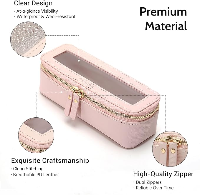 Aveniee Clear Makeup Brush Bag, Slim Cosmetic Brush Holder, small Toiletry Bag Mini Travel Case for Women, Thin Make up Bags with Dual Zipper, Cute Travel Essentials Organizer,Pink