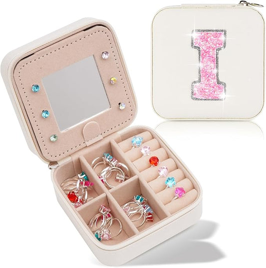 Personalized Jewelry Case for Women Girls - Fashion Mini Jewelry Boxes - Trendy Travel Jewelry Organizer with Initials Letter - Teen Gifts | Cream,I