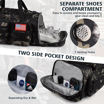Tactical Gym Bag for Men，50L Large 3 in 1 Sports Duffle Bag with Shoes Compartment for Travel,Water Resistant Travel Backpack Weekender Overnight Bag with Wet Pocket for Women
