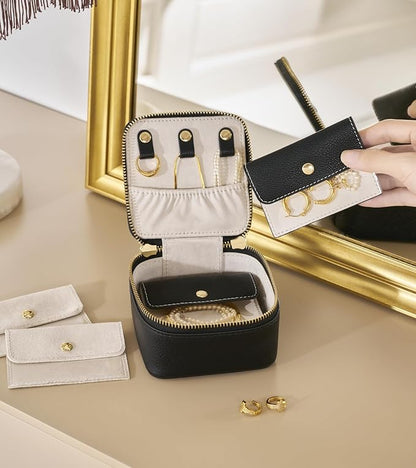 Popvibe Travel Jewelry Box Organizer Small Jewelry Case with 6 Jewelry Bags Mini Pouch, Portable Traveling Jewelry Case for Women, Black Leather Compact Jewelry Travel Necklace Case Holder
