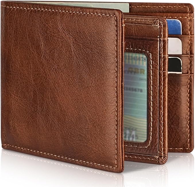Mens Wallet Genuine Leather Bifold RFID Blocking Wallet for Men with 1 ID Window 13 Card Holders 2 cash pockets 1 Gift Box