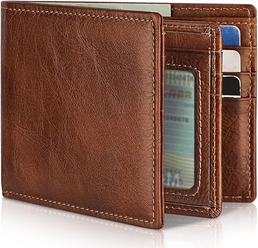 Mens Wallet Genuine Leather Bifold RFID Blocking Wallet for Men with 1 ID Window 13 Card Holders 2 cash pockets 1 Gift Box