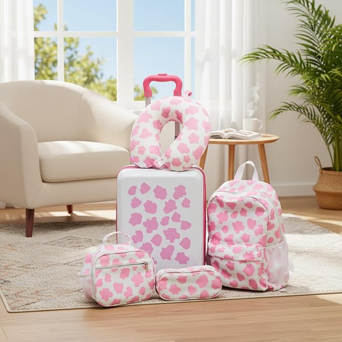 Redbaker 6 Pcs Kids Luggage Set 17 Inch Kids Rolling Luggage Double Pattern Suitcase for Girls Boys School Gift(Pink and White, 17 Inch, Cow Point Style)