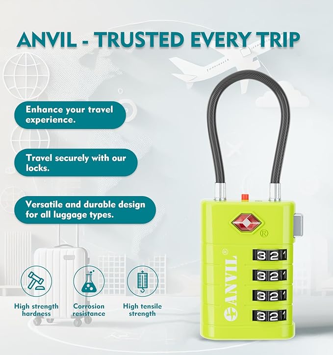 ANVIL 4 Digit Luggage Locks, TSA Locks for Luggage, Advanced TSA008 core, Alert Indicator for Your Travel Lock, Suitcase Lock. (3, Grass Green)
