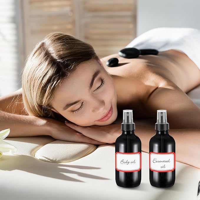 Fumete 36 Pcs Glass Spray Bottles 4oz Fine Mist Glass Spray Bottle Refillable Liquid Containers with 6 Labels 6 Funnel for Hair Travel Plants Cleaning Solutions Skin Care(Black,Classic)