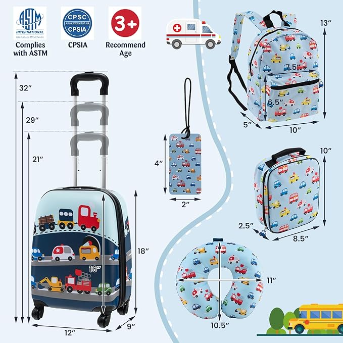Goplus 5 Piece Kid’s Luggage Set, 16” Carry on Suitcase w/13” Backpack, Neck Pillow, Hardside Spinner Toddler Luggage, Travel Rolling Suitcase for Boys Girls Gifts (Blue, Car)