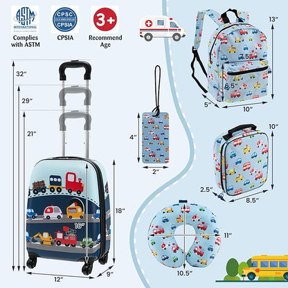 Goplus 5 Piece Kid’s Luggage Set, 16” Carry on Suitcase w/13” Backpack, Neck Pillow, Hardside Spinner Toddler Luggage, Travel Rolling Suitcase for Boys Girls Gifts (Blue, Car)