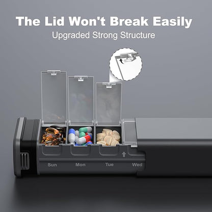 7 Day Weekly Metal Pill Organizer Travel, Kursoaya Premium Aluminum Daily Pill Box, Cute Portable Pill Case, Large Capacity Pill Holder for Supplements, Pills, Vitamins, Medicine (Steel Grey)