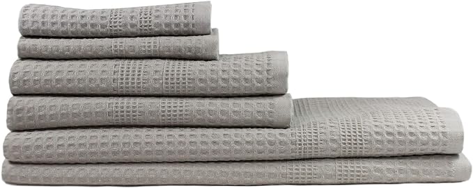 GILDEN TREE Waffle Towel Set Quick Dry Thin | 2 Bath Towels | 2 Hand Towels | 2 Washcloths, Classic Style (Pewter)