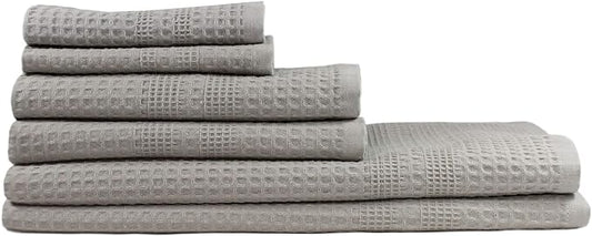 GILDEN TREE Waffle Towel Set Quick Dry Thin | 2 Bath Towels | 2 Hand Towels | 2 Washcloths, Classic Style (Pewter)