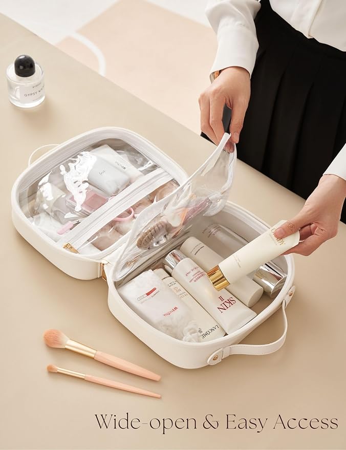 Clear Cosmetic Bag Double Layer Travel Toiletry Bag Clear Makeup Bag Case with 4 Compartments, Transparent Travel Bag for Toiletries, Large Toiletry Bag for Women Cosmetic Case (White, Large)