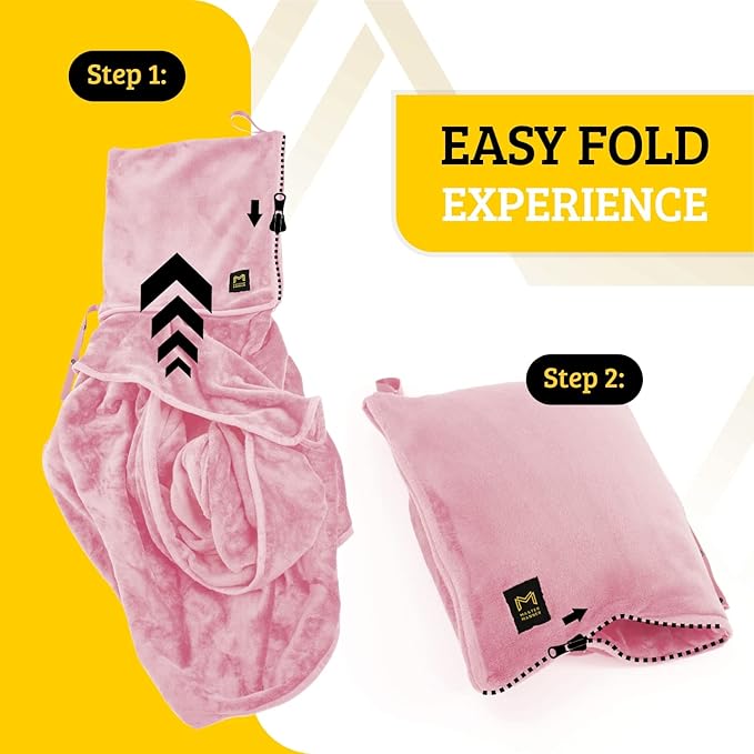 Travel Blanket Airplane Compact with Hoodie – 2in1 Airplane Travel Accessories from Plane Blanket to Travel Pillow with Luggage Strap, Soft Handle & Secure Pocket (Light Pink, 62x41'')