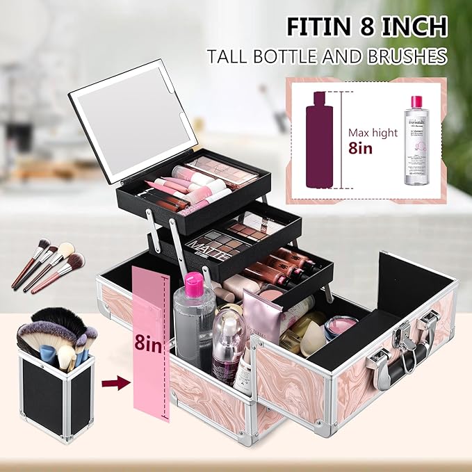 Travel Makeup Case with LED Lighted Mirror - 11.6" Portable Makeup Organizer Box, Cosmetic Train Case with Detachable Brush Holder - Fluid Pink