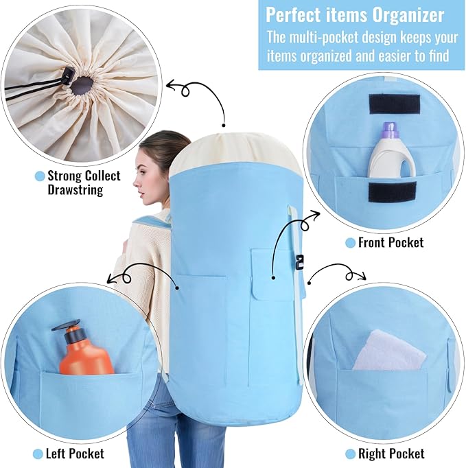 Laundry Bag Backpack, 125L Extra Large Travel with Shoulder Straps, Adjustable & Extendable Design, Laundry Hamper Bag with 3 Pockets for Laundromat, College, Travel, Camping (Light Blue)