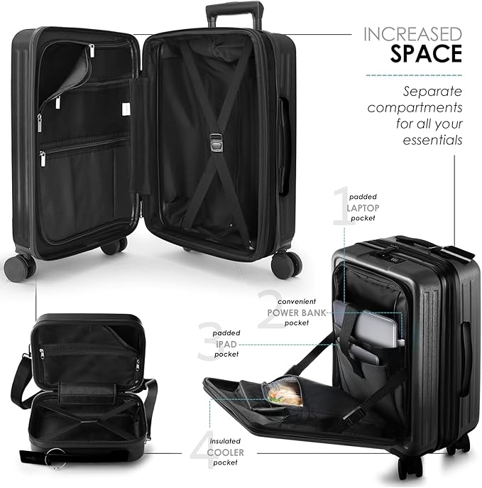 TRAVELARIM 22 Inch Carry On Luggage 22x14x9 Airline Approved, Small Carry On Suitcase, Hard-shell Carry-on Luggage with Wheels, Durable Black Luggage Carry-On with Cosmetic Case and Luggage Scale