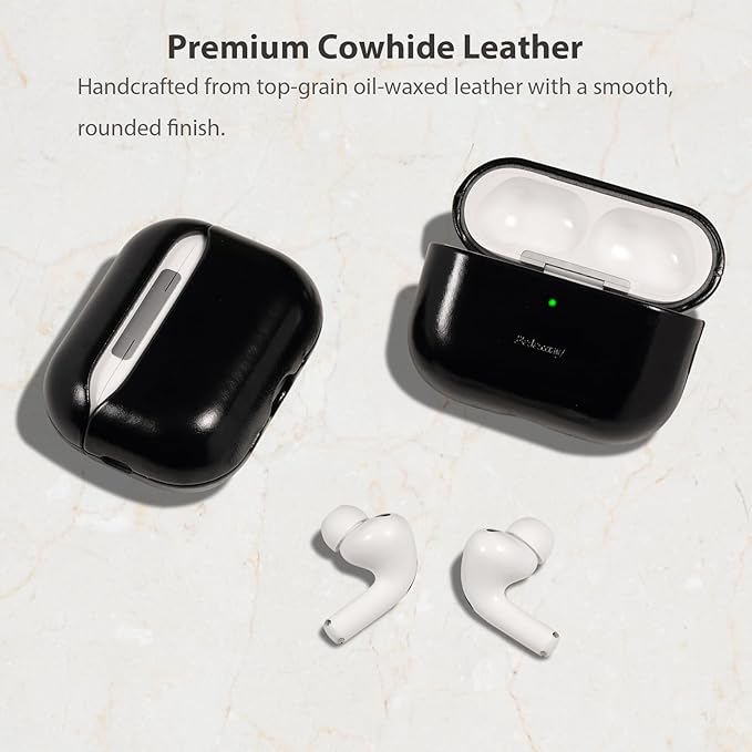Belemay Handcrafted Oil-Waxed Leather Case for AirPods Pro 3rd Gen (2025), Genuine Cowhide, Smooth Glossy Lively Two-Tone Patina, Compatible with MagSafe, Compatible with Airpods Pro 3, Obsidian Black