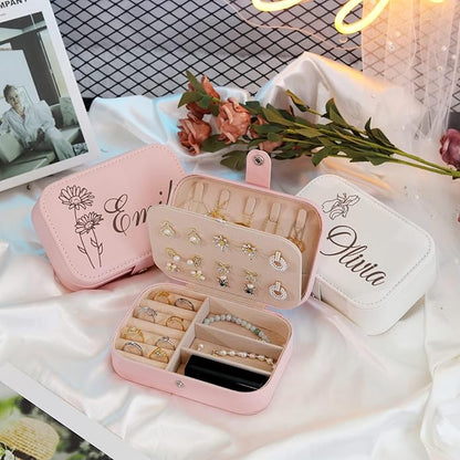Personalized Jewelry Box for Women, Custom Travel Jewelry Case with Name and Birth Flower, Leather Jewelry Box for Rings, Earrings, Necklaces, Personalized Gifts for Women