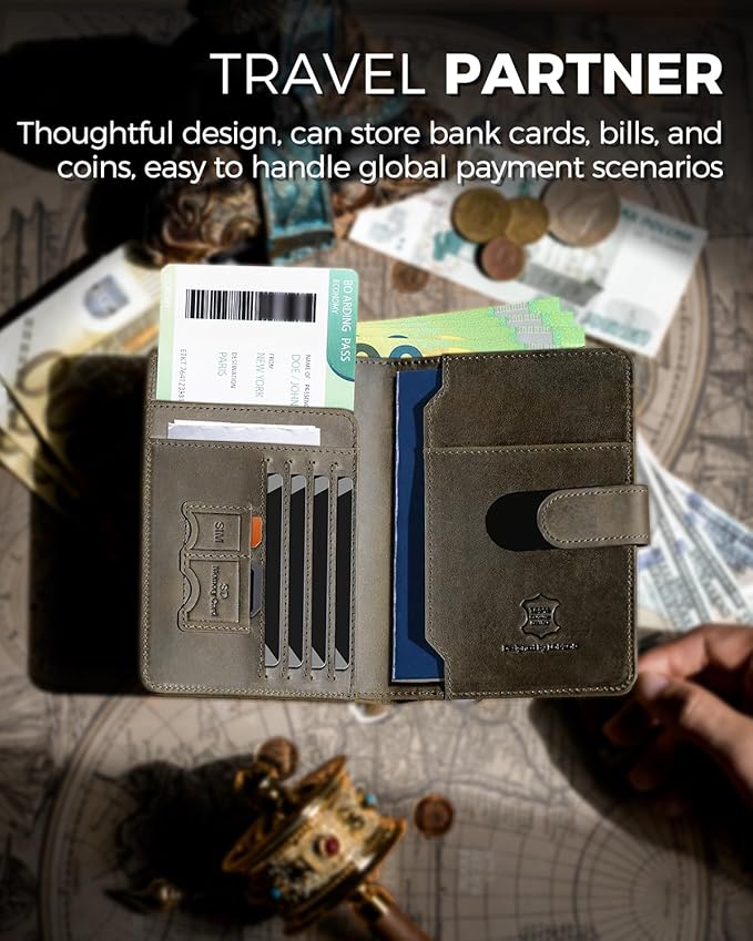 LORZOR Passport Holder for Travel: Full Grain Leather Passport Cover with Airtag Holder Magnetic Buckle for Men - RFID Blocking Bifold Wallet for Air Ticket Card Cash Coin (Black-yellow)