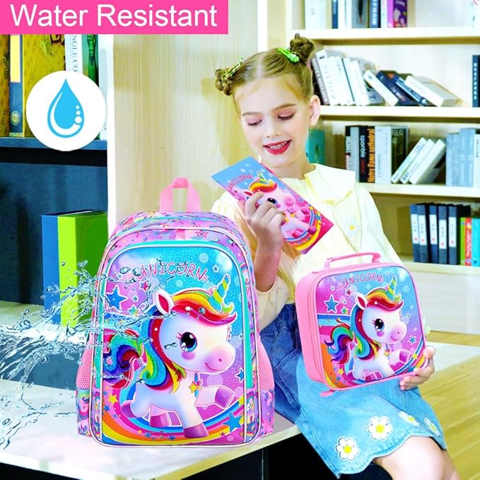 WZLVO 3PCS Kids Backpack for Girls, 16'' Girls Unicorn Backpacks with Lunch Box, Cute Animal Water Resistant School Bag Set for Elementary Kindergarten Toddler