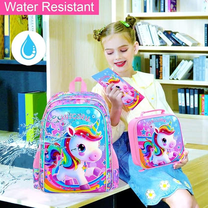 WZLVO 3PCS Kids Backpack for Girls, 16'' Girls Unicorn Backpacks with Lunch Box, Cute Animal Water Resistant School Bag Set for Elementary Kindergarten Toddler