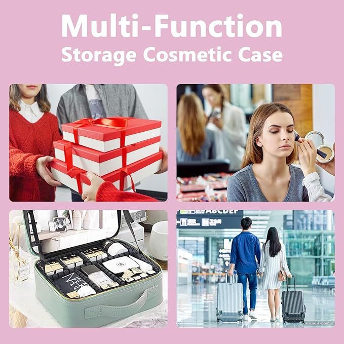Travel Makeup Bag for Women and Makeup Artists Cosmetic Organizer Large Makeup Case,Travel Makeup Bag with Mirror 3 Color Setting,Portable Storage and Adjustable Dividers(Light Pink)