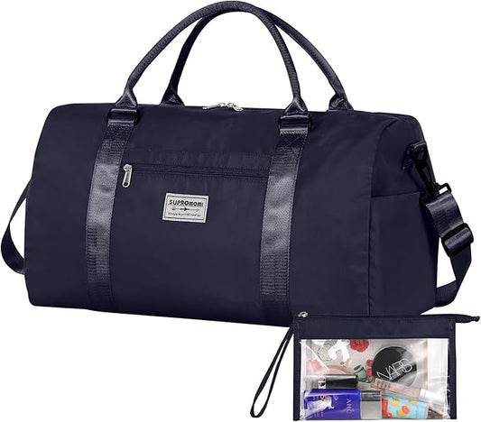 Large Travel Duffel Bag, Sports Tote Gym Yoga Airplane Carry-on With Extra Shoe and Small Clear Makeup Bag, Overnight Crossbody for Men and Women Navyblue