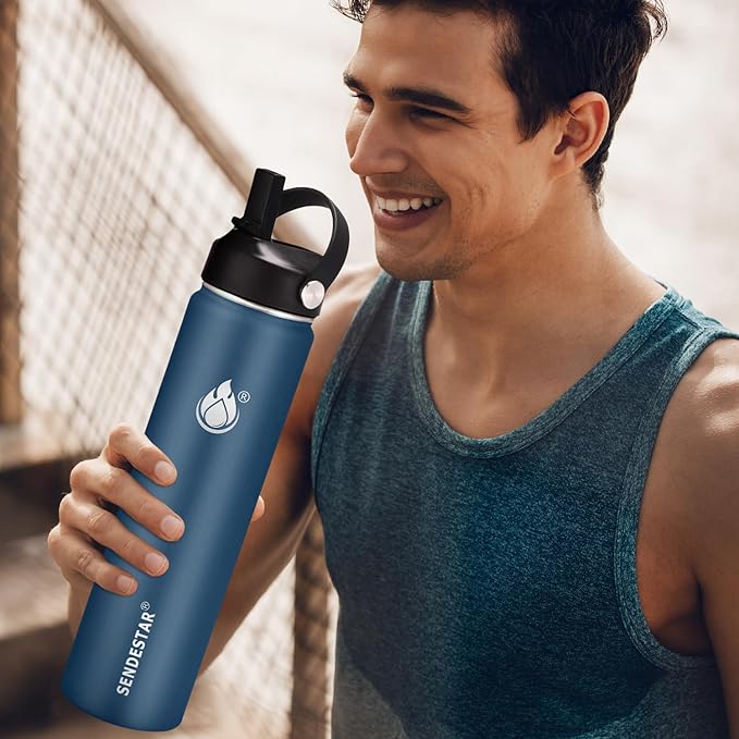 Insulated Water Bottle 24 oz with Straw, Stainless Steel Wide Mouth Water Bottle, Double Wall Vacuum Leak Proof with Straw Lid & Spout Lid for Sports or Office, Keep Cold or Hot Up to 24 Hrs