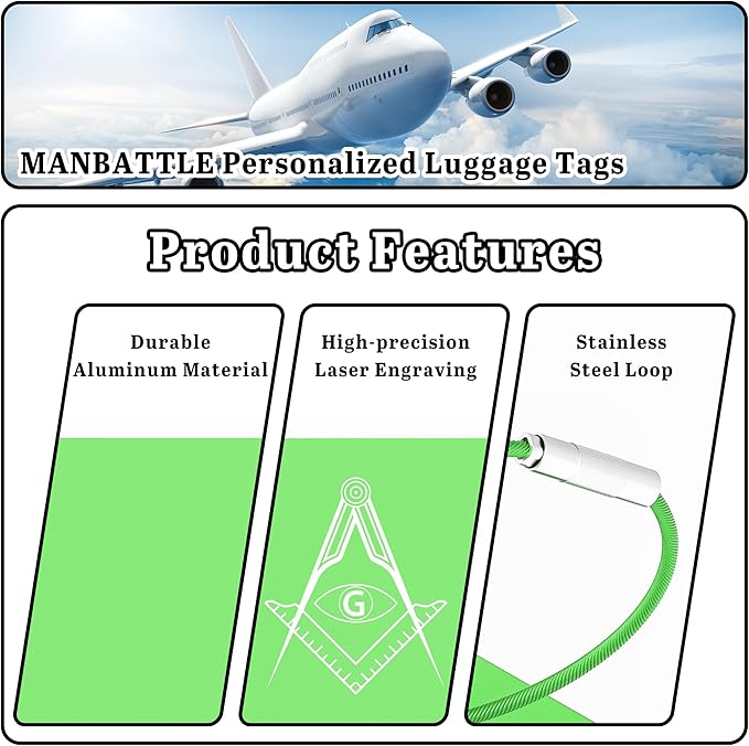 4 PCS Personalized Luggage Tags for Suitcases, Custom Aluminum Luggage Tags for Bags and Backpacks, Waterproof & Heavy Duty Personalized Metal Name Tags for Travel (Green)