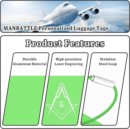 4 PCS Personalized Luggage Tags for Suitcases, Custom Aluminum Luggage Tags for Bags and Backpacks, Waterproof & Heavy Duty Personalized Metal Name Tags for Travel (Green)