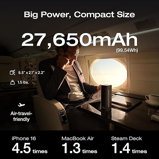 EF ECOFLOW Rapid Pro Power Bank (27650mAh, 300W Max Output, 140W Built-in Cable), 4-Port Portable Charger, TSA-Approved, Up to 320W Recharge, Compatible with MacBook, iPhone 17/16/15, Galaxy, Laptop