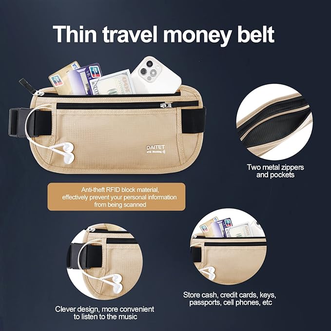RFID Blocking Money Belt for Men Women, Slim Fanny Pack For Travel，Running,Conceal Waist Wallet For Passport Holder,Phone,Cash(Black Beige), Black Beige