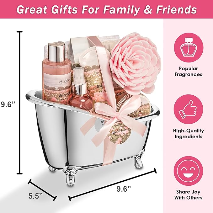 Spa Gift Baskets For Women - Luxury Bath Set With Rose Oil & Peony - Spa Kit Includes Body Wash, Bubble Bath, Lotion, Bath Salts, Body Scrub, Body Spray, Shower Puff, and Towel