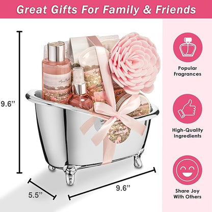 Spa Gift Baskets For Women - Luxury Bath Set With Rose Oil & Peony - Spa Kit Includes Body Wash, Bubble Bath, Lotion, Bath Salts, Body Scrub, Body Spray, Shower Puff, and Towel