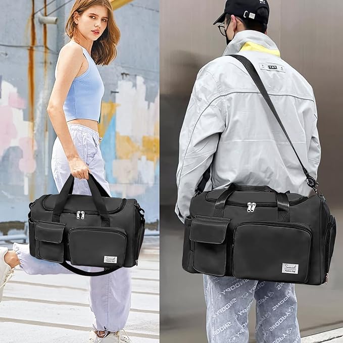Gym Bag for Women Men, Travel Duffle Bag Large Capacity Carry On Weekender Bag With Shoe Compartment Gym Tote Dry Wet Separation Duffel Bag with Makeup Bag, Black