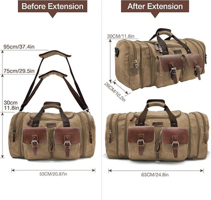 Wildroad 50L Travel Duffel Bag, Expandable Canvas Genuine Leather Duffle Bag Upgraded Overnight Weekender Carry on Bag