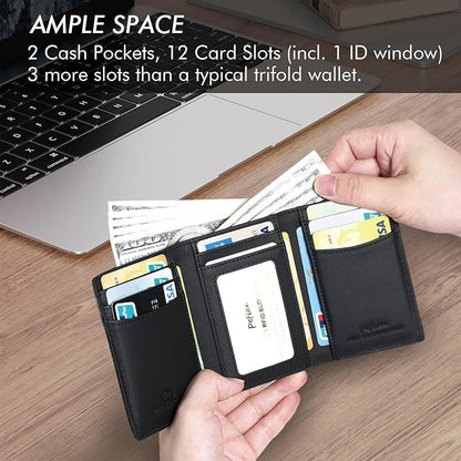 Trifold Leather Wallet for Men RFID Blocking – Mens Trifold Wallet Leather with 12 Card Slots, Gift for Men, American Flag Wallet Black
