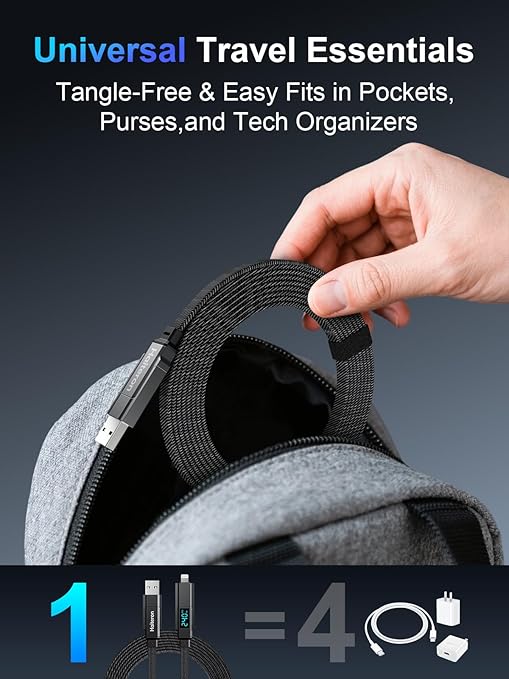 4 in 1 Charging Cable 3FT,240W USB C to USB C Cable Fast Charging Flat Braided iPhone Charger Cord Combo USB A/C to C/L with LED Display, Type C Charging Cord for iPhone 16/15,MacBook,iPad